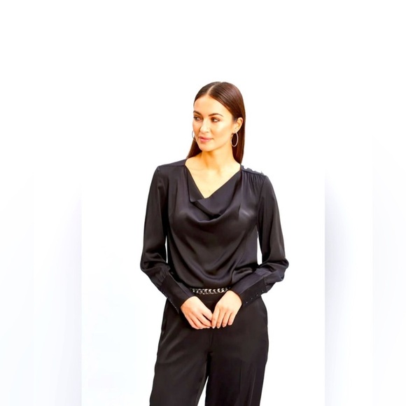 Tahari Cowl Neck Black Satin Blouse- Large - Picture 1 of 7